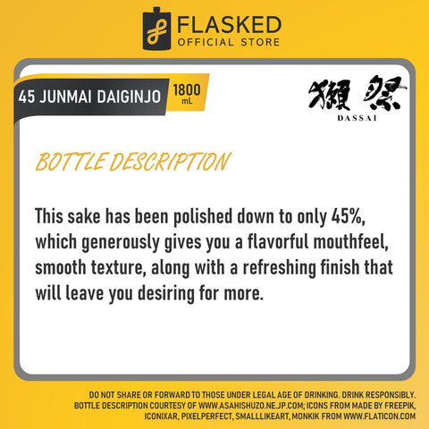 Dassai 45 Junmai Daiginjo Japanese Sake Rice Wine 1800mL