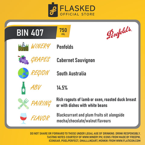 Penfolds Bin 407 Cabernet Sauvignon Vintage 2019 750mL with FREE Bottle Engraving