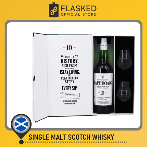 Laphroaig 10 Year Old Islay Single Malt Scotch Whisky 700mL w/ 2 Glasses
