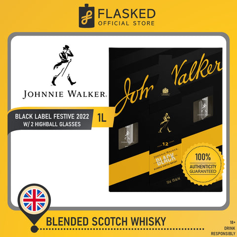 Johnnie Walker Festive Edition: Black Label Whisky 1L with 2 Highball Glasses Festive Pack